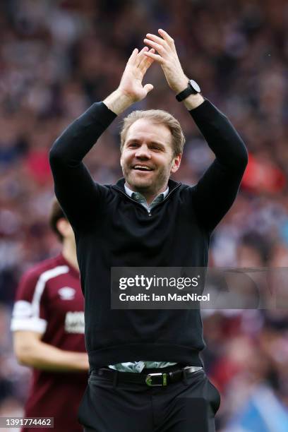 Robbie Neilson, Manager of Heart of Midlothian celebrates following their side's victory and advancement in the Scottish Cup Semi Final match between...