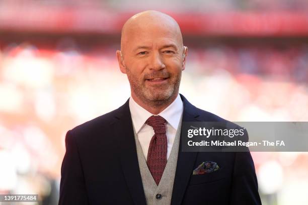 Pundit, Alan Shearer looks on prior to The Emirates FA Cup Semi-Final match between Manchester City and Liverpool at Wembley Stadium on April 16,...