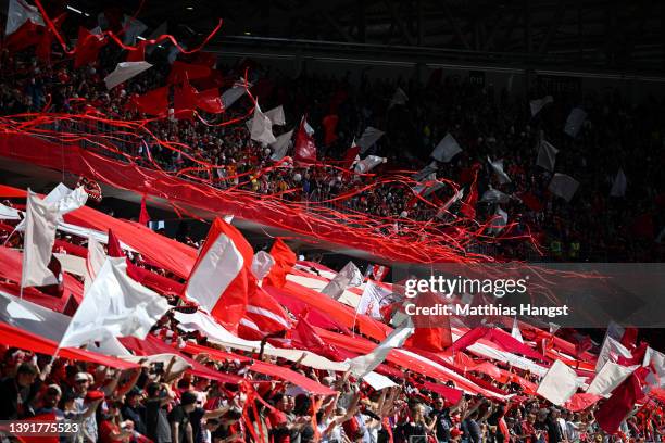 Freiburg fans show their support prior to the Bundesliga match between Sport-Club Freiburg and VfL Bochum at Europa-Park Stadion on April 16, 2022 in...