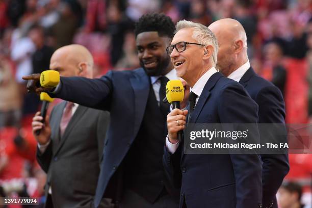 Sports Broadcaster, Gary Lineker and pundit, Micah Richards react prior to The Emirates FA Cup Semi-Final match between Manchester City and Liverpool...