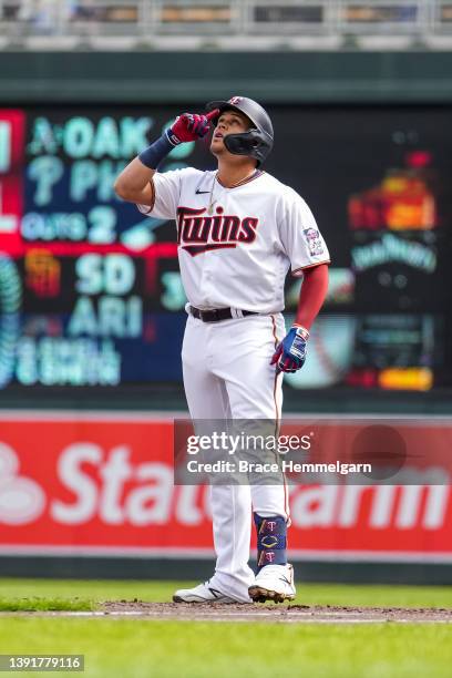 Gio Urshela of the Minnesota Twins celebrates against the Seattle Mariners on April 10, 2022 at Target Field in Minneapolis, Minnesota.