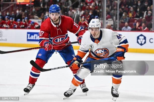 Jean-Gabriel Pageau of the New York Islanders skates against Josh Anderson of the Montreal Canadiens during the second period at Centre Bell on April...