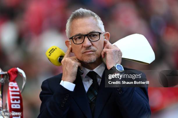 Sports Broadcaster, Gary Lineker reacts prior to The Emirates FA Cup Semi-Final match between Manchester City and Liverpool at Wembley Stadium on...