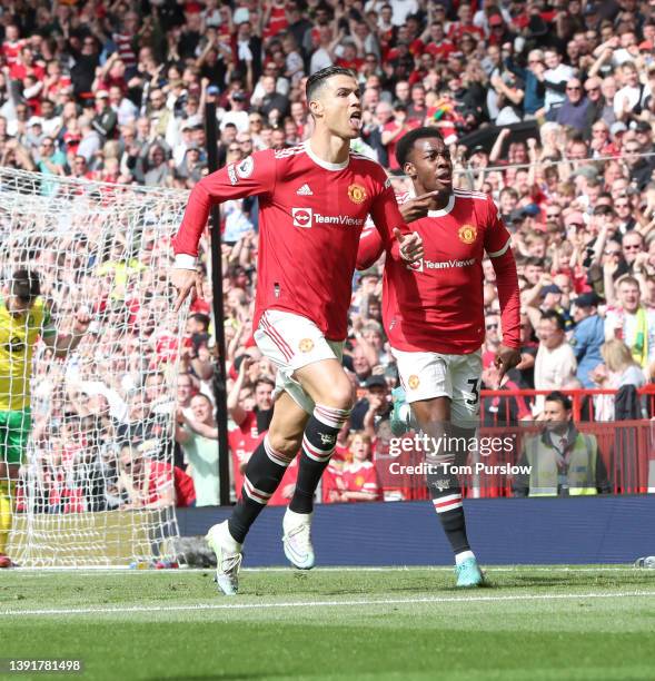 Cristiano Ronaldo of Manchester United celebrates scoring their first goal during the Premier League match between Manchester United and Norwich City...