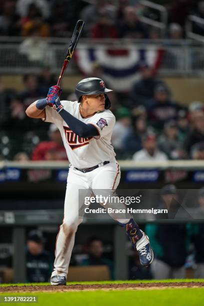 Gio Urshela of the Minnesota Twins bats against the Seattle Mariners on April 11, 2022 at Target Field in Minneapolis, Minnesota.