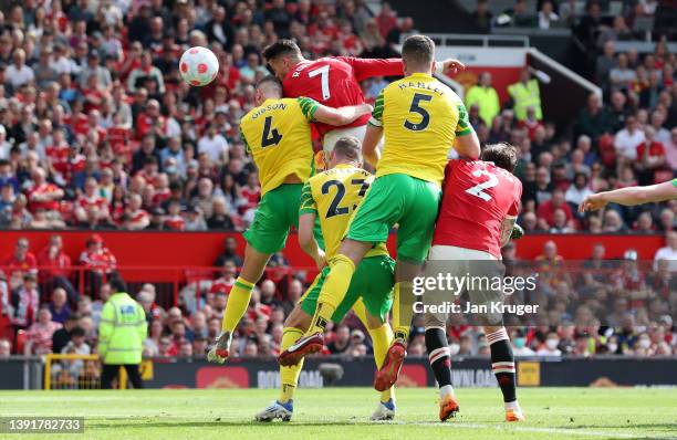 Cristiano Ronaldo of Manchester United scores their sides second goal during the Premier League match between Manchester United and Norwich City at...