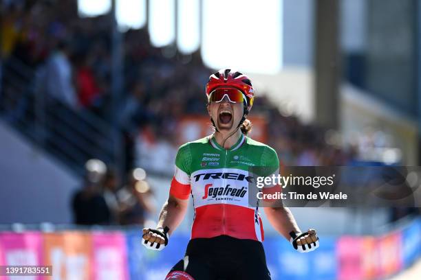 Elisa Longo Borghini of Italy and Team Trek - Segafredo celebrates winning in the Roubaix Velodrome - Vélodrome André Pétrieux during the 2nd...