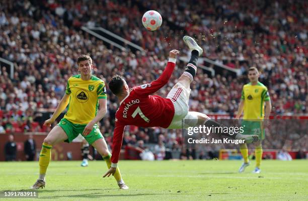 Cristiano Ronaldo of Manchester United shoots and misses from a bicycle kick during the Premier League match between Manchester United and Norwich...