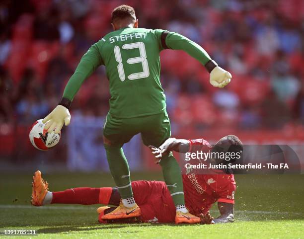 Sadio Mane of Liverpool scores their side's second goal past Zack Steffen of Manchester City during The Emirates FA Cup Semi-Final match between...
