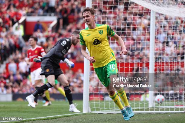 Kieran Dowell of Norwich City celebrates after scoring their sides first goal during the Premier League match between Manchester United and Norwich...