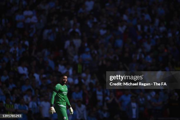 Zack Steffen of Manchester City looks on during The Emirates FA Cup Semi-Final match between Manchester City and Liverpool at Wembley Stadium on...