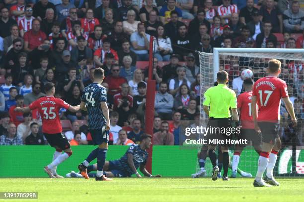 Jan Bednarek of Southampton scores their side's first goal during the Premier League match between Southampton and Arsenal at St Mary's Stadium on...