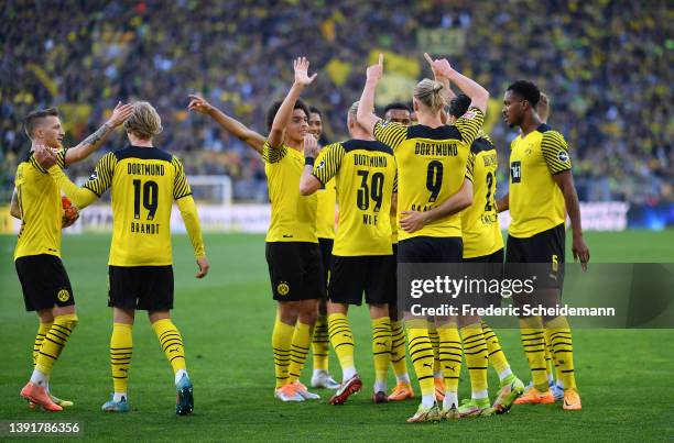 Erling Haaland of Borussia Dortmand celebrates scoring their side's sixth goal with teammates during the Bundesliga match between Borussia Dortmund...