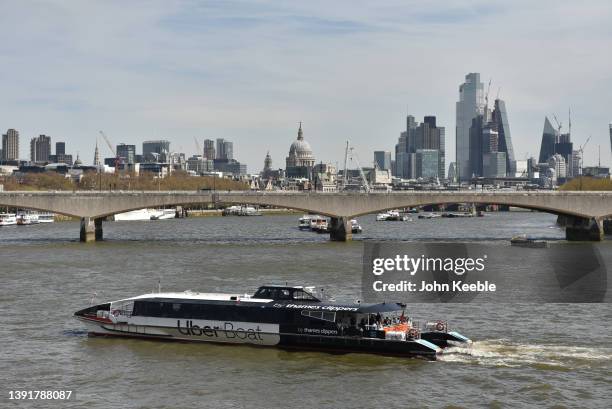 General view of the London skyline from the Golden Jubilee Bridge looking toward Waterloo bridge and St Paul's Cathedral, The Heron Tower , National...