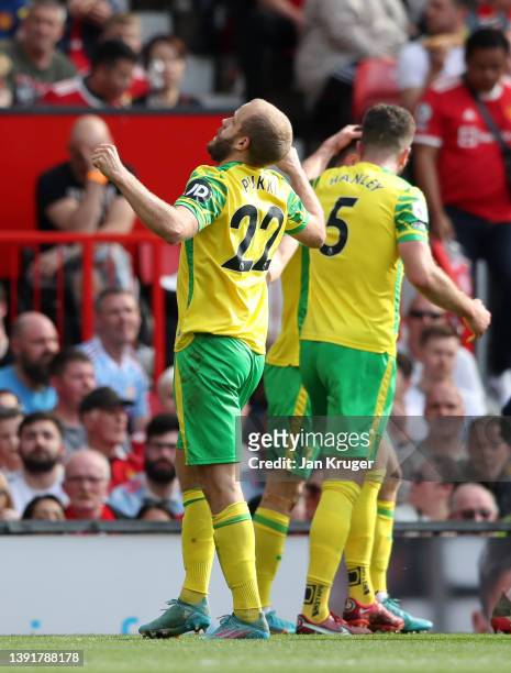 Teemu Pukki of Norwich City celebrates after scoring their sides second goal during the Premier League match between Manchester United and Norwich...
