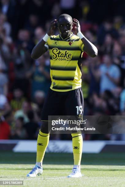 Moussa Sissoko of Watford FC gestures during the Premier League match between Watford and Brentford at Vicarage Road on April 16, 2022 in Watford,...