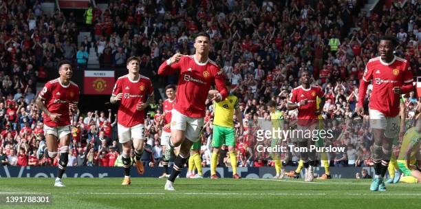 Cristiano Ronaldo of Manchester United celebrates scoring their second goal during the Premier League match between Manchester United and Norwich...