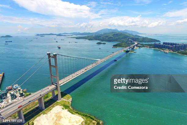 tsing ma bridge, hong kong - boat top view stock pictures, royalty-free photos & images