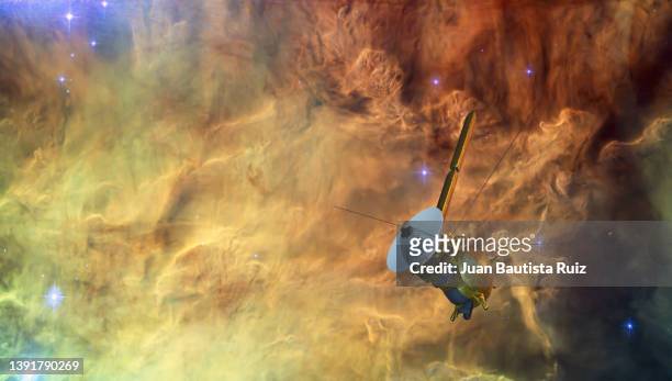 cassini-hygens probe travels through space, flies over the lagoon nebula. elements of this photo furnished by nasa. 3d rendering.
https://images-assets.nasa.gov/image/gsfc_20171208_archive_e001955/gsfc_20171208_archive_e001955~orig.jpg
 software:blender - space program stock pictures, royalty-free photos & images