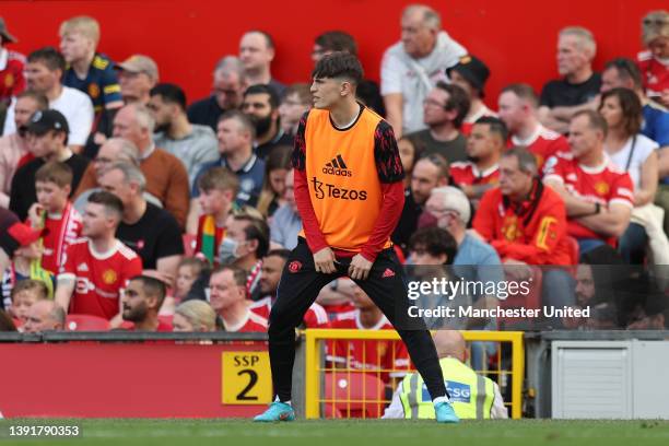 Alejandro Garnacho of Manchester United warms up during the Premier League match between Manchester United and Norwich City at Old Trafford on April...