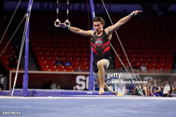 Jesse Tyndall of Ohio State competes in floor exercise during the Division I Men's Gymnastics Championship held at the Lloyd Noble Center on April...