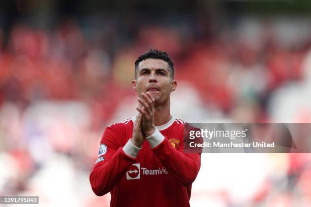 Cristiano Ronaldo of Manchester United applauds the fans after the Premier League match between Manchester United and Norwich City at Old Trafford on...