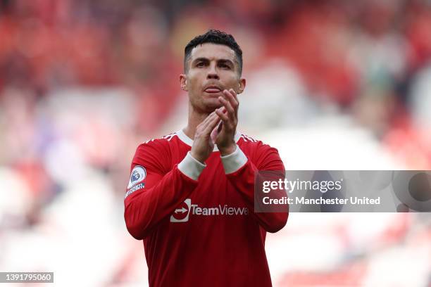 Cristiano Ronaldo of Manchester United applauds the fans after the Premier League match between Manchester United and Norwich City at Old Trafford on...