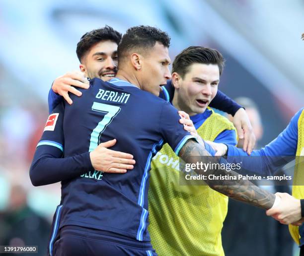 Suat Serdar of Hertha BSC celebrates as he scores the goal with Davie Selke of Hertha BSC during the Bundesliga match between FC Augsburg and Hertha...