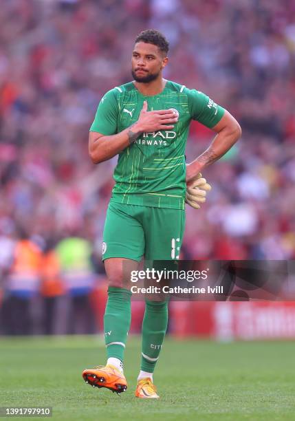 Zack Steffen of Manchester City reacts following defeat in The Emirates FA Cup Semi-Final match between Manchester City and Liverpool at Wembley...