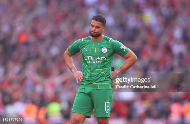 Zack Steffen of Manchester City reacts following defeat in The Emirates FA Cup Semi-Final match between Manchester City and Liverpool at Wembley...