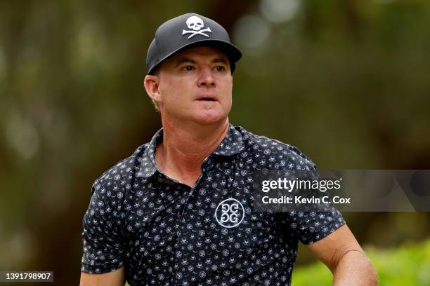 Brian Gay follows his shot from the 16th tee during the third round of the RBC Heritage at Harbor Town Golf Links on April 16, 2022 in Hilton Head...