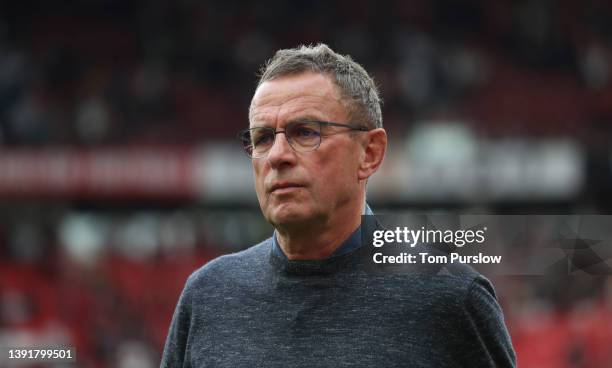 Interim Manager Ralf Rangnick of Manchester United walks off after the Premier League match between Manchester United and Norwich City at Old...