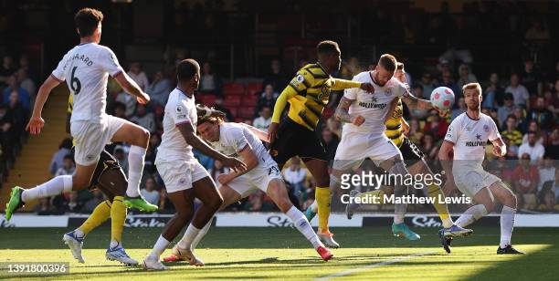 Pontus Jansson of Brentford scores their team's second goal during the Premier League match between Watford and Brentford at Vicarage Road on April...