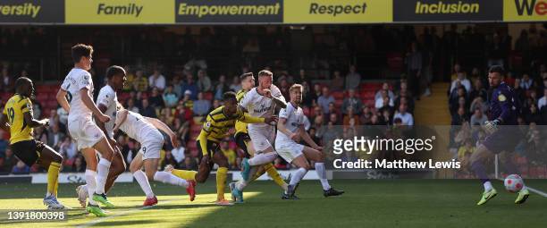 Pontus Jansson of Brentford scores their team's second goal during the Premier League match between Watford and Brentford at Vicarage Road on April...