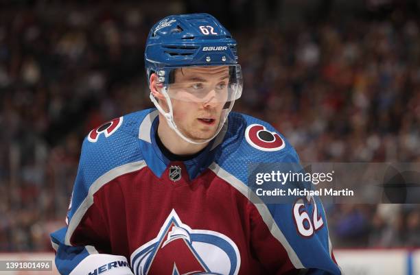 Artturi Lehkonen of the Colorado Avalanche skates against the New Jersey Devils at Ball Arena on April 14, 2022 in Denver, Colorado.