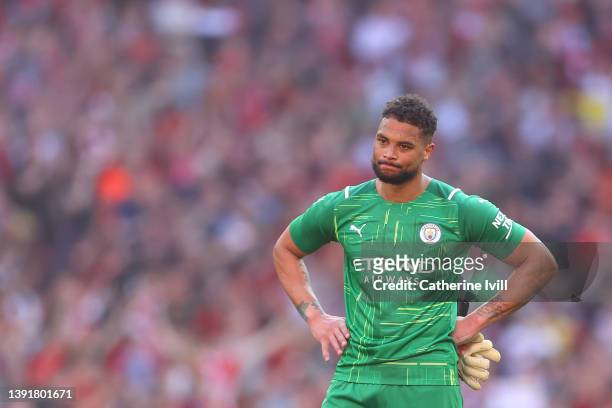 Zack Steffen of Manchester City reacts following defeat in The Emirates FA Cup Semi-Final match between Manchester City and Liverpool at Wembley...