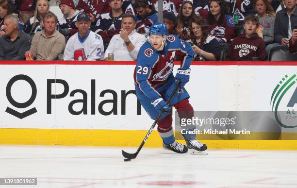 Nathan MacKinnon of the Colorado Avalanche skates against the New Jersey Devils at Ball Arena on April 14, 2022 in Denver, Colorado.