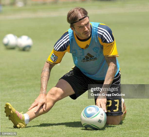 David Beckham of LA Galaxy warms up at the Herbalife World Football Challenge 2011 at the Home Depot Center on July 24, 2011 in Carson, California.