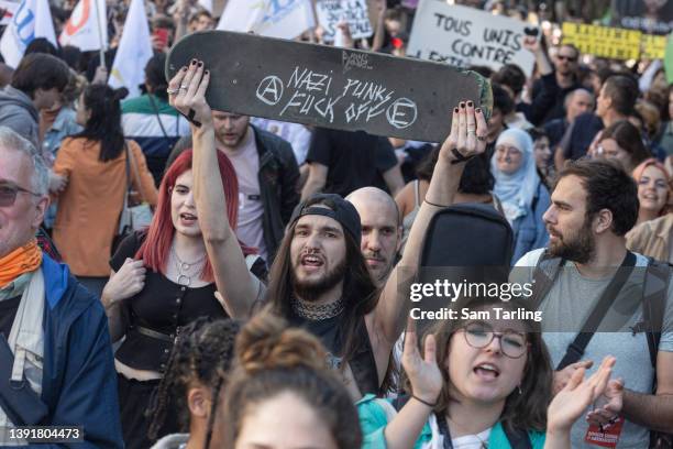 Protesters demonstrate against the rise of the far-right in French politics, on April 16, 2022 in Paris, France. Between the two voting rounds in the...