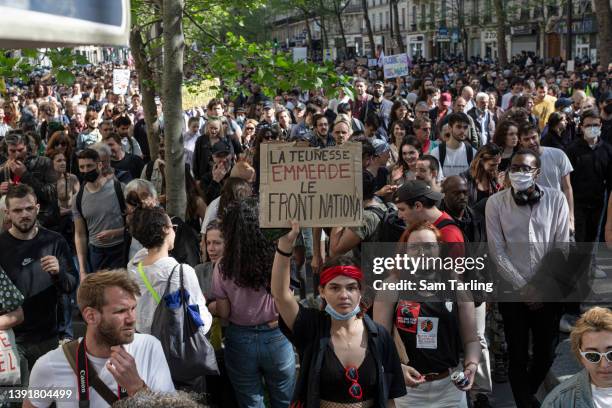 Protesters demonstrate against the rise of the far-right in French politics, on April 16, 2022 in Paris, France. Between the two voting rounds in the...