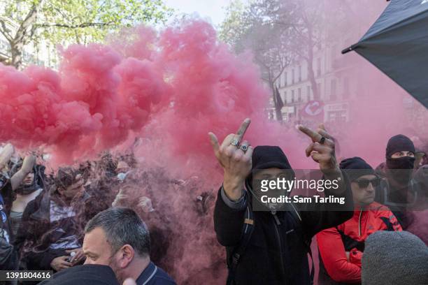 Protesters demonstrate against the rise of the far-right in French politics, on April 16, 2022 in Paris, France. Between the two voting rounds in the...