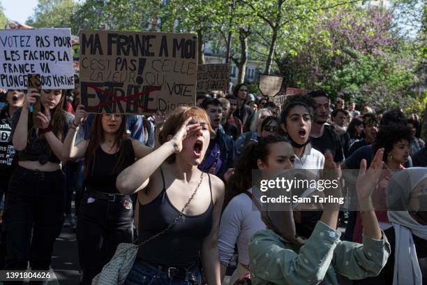 Protesters demonstrate against the rise of the far-right in French politics, on April 16, 2022 in Paris, France. Between the two voting rounds in the...