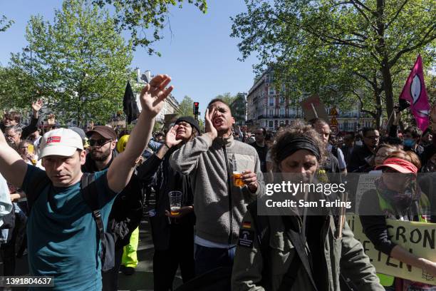 Protesters demonstrate against the rise of the far-right in French politics, on April 16, 2022 in Paris, France. Between the two voting rounds in the...