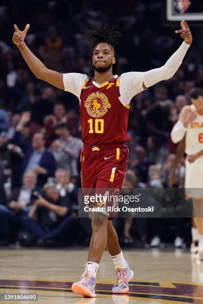 Darius Garland of the Cleveland Cavaliers celebrates during the first half against the Atlanta Hawks at Rocket Mortgage Fieldhouse on April 15, 2022...