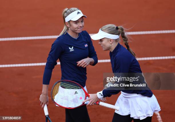 Katie Swan and Harriet Dart of Great Britain show their decjection in their doubles match against Marketa Vondrousova and Karolina Muchova of the...
