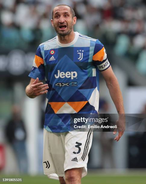 Giorgio Chiellini of Juventus shouts during the Serie A match between Juventus and Bologna FC at Allianz Stadium on April 16, 2022 in Turin, Italy.