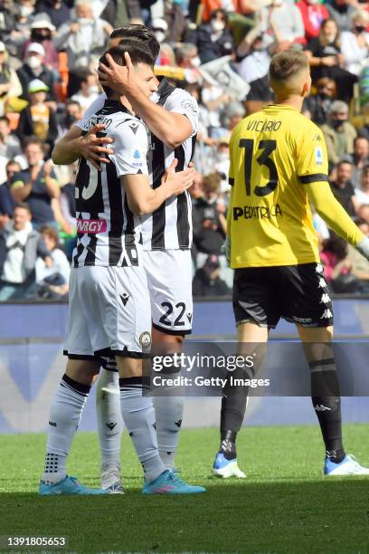 Ignacio Pussetto of Udinese Calcio celebrates with Pablo Mari after scoring the goal during the Serie A match between Udinese Calcio and Empoli FC at...