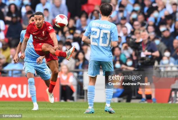 Thiago Alcantara of Liverpool during The Emirates FA Cup Semi-Final match between Manchester City and Liverpool at Wembley Stadium on April 16, 2022...