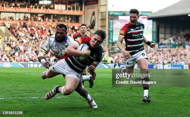 Freddie Steward of Leicester Tigers scores their fourth try during the Heineken Champions Cup Round of 16 Leg Two match between Leicester Tigers and...