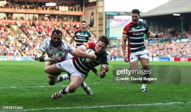 Freddie Steward of Leicester Tigers scores their fourth try during the Heineken Champions Cup Round of 16 Leg Two match between Leicester Tigers and...